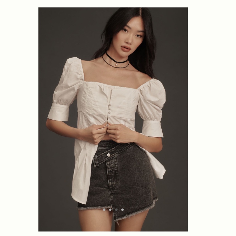 Anthropologie Square Neck Puff Sleeve Button Blouse